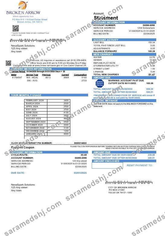 USA Oklahoma City of Broken Arrow business utility bill template in Word and PDF formats